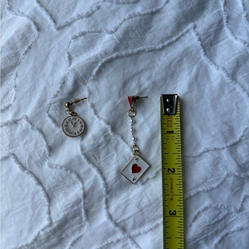Gold White and Red Playing Card and Clock Earrings Queen of Hearts Dangle - Picture 2 of 6